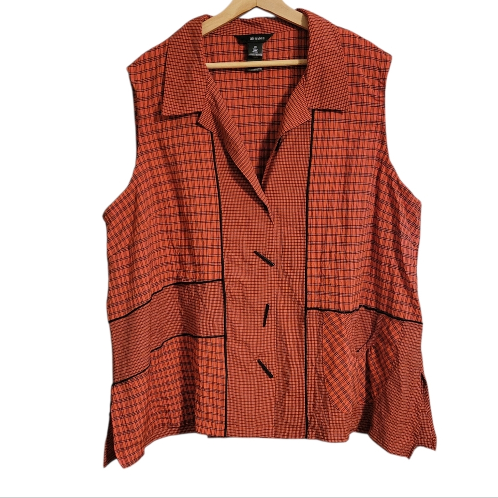 Ali Miles Orange Checkered Button Front Tank Top - image 1